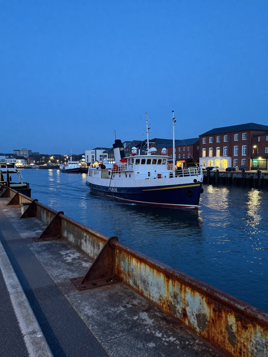 Bristol Harbour Evening Scene with Mail Boat and Rusty Sails in Blue Light in in Bristol, United Kingdom