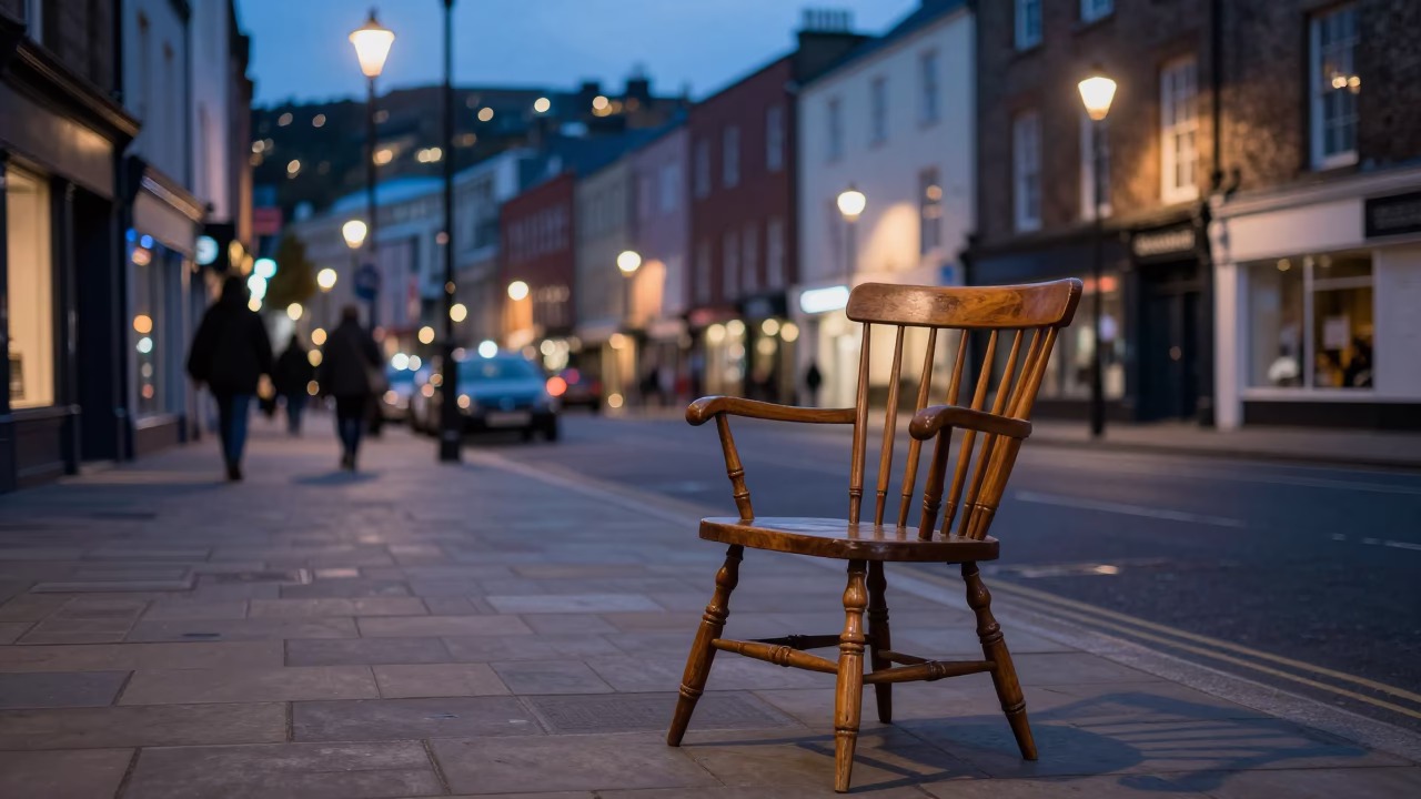 Bristol Harbour Evening Street Scene with Spindle Chair and Local Details in in Bristol, United Kingdom