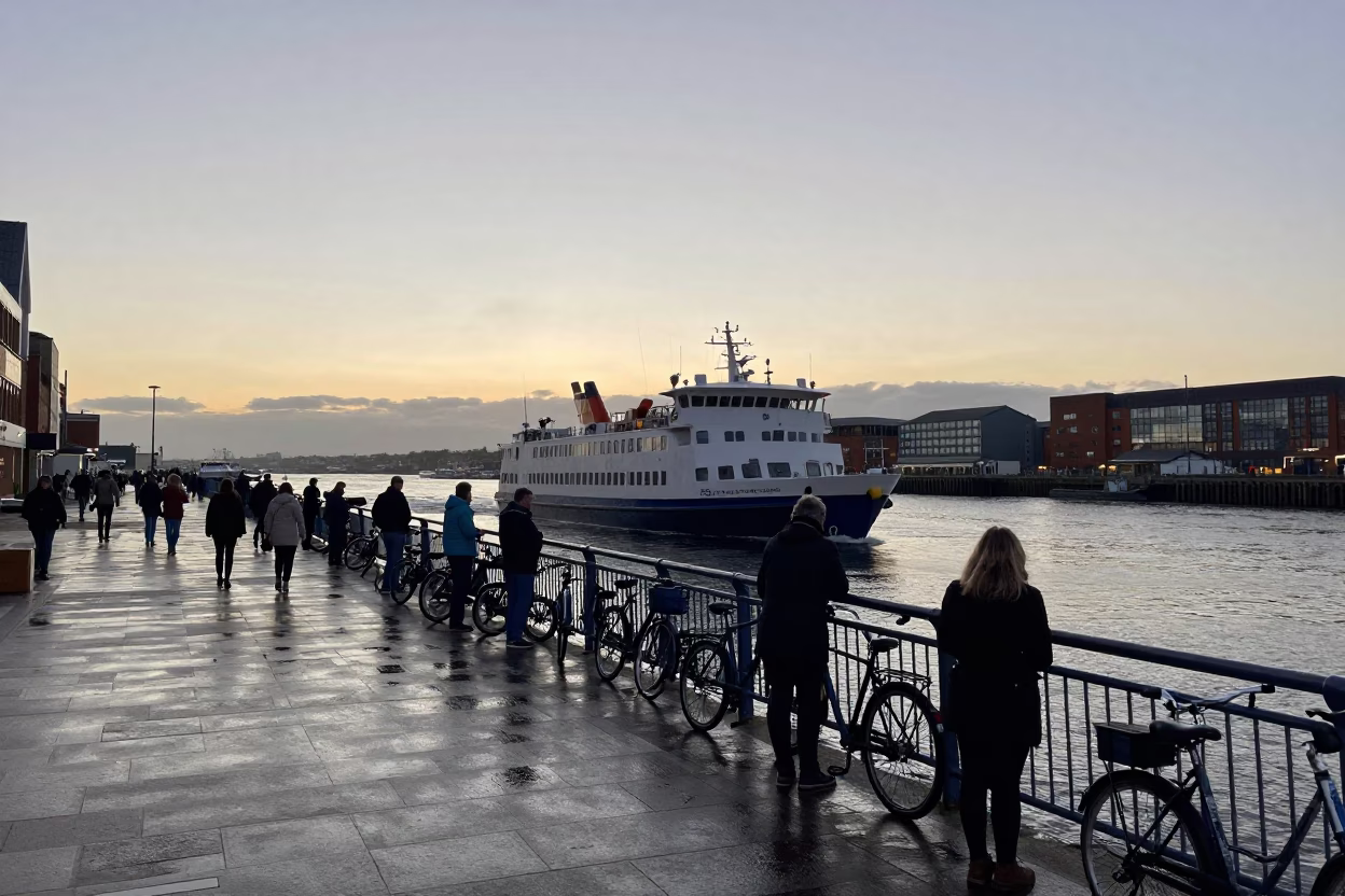 Bristol Harbour Ferry Docking at Nautical Dawn with Commuters and Bicycles in in Bristol, United Kingdom