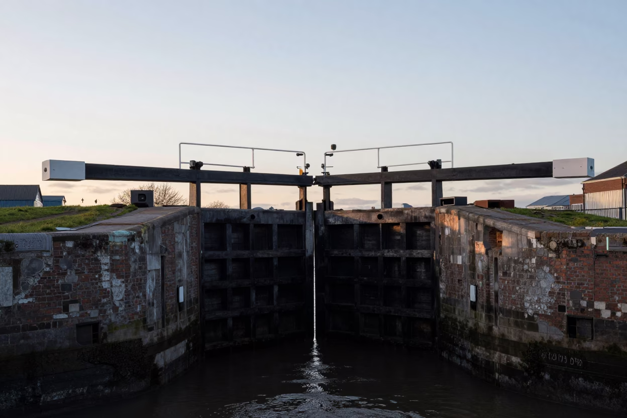Bristol Harbour Lock Gates at Blue Hour with Historic Tidal Architecture in in Bristol, United Kingdom