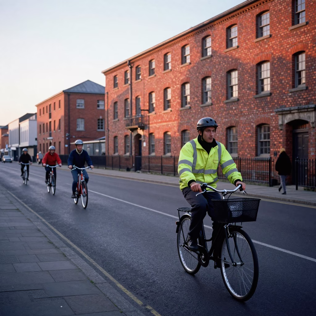 Bristol Harbour Morning Commute with Vintage Bicycles and Red Brick Warehouses in in Bristol, United Kingdom