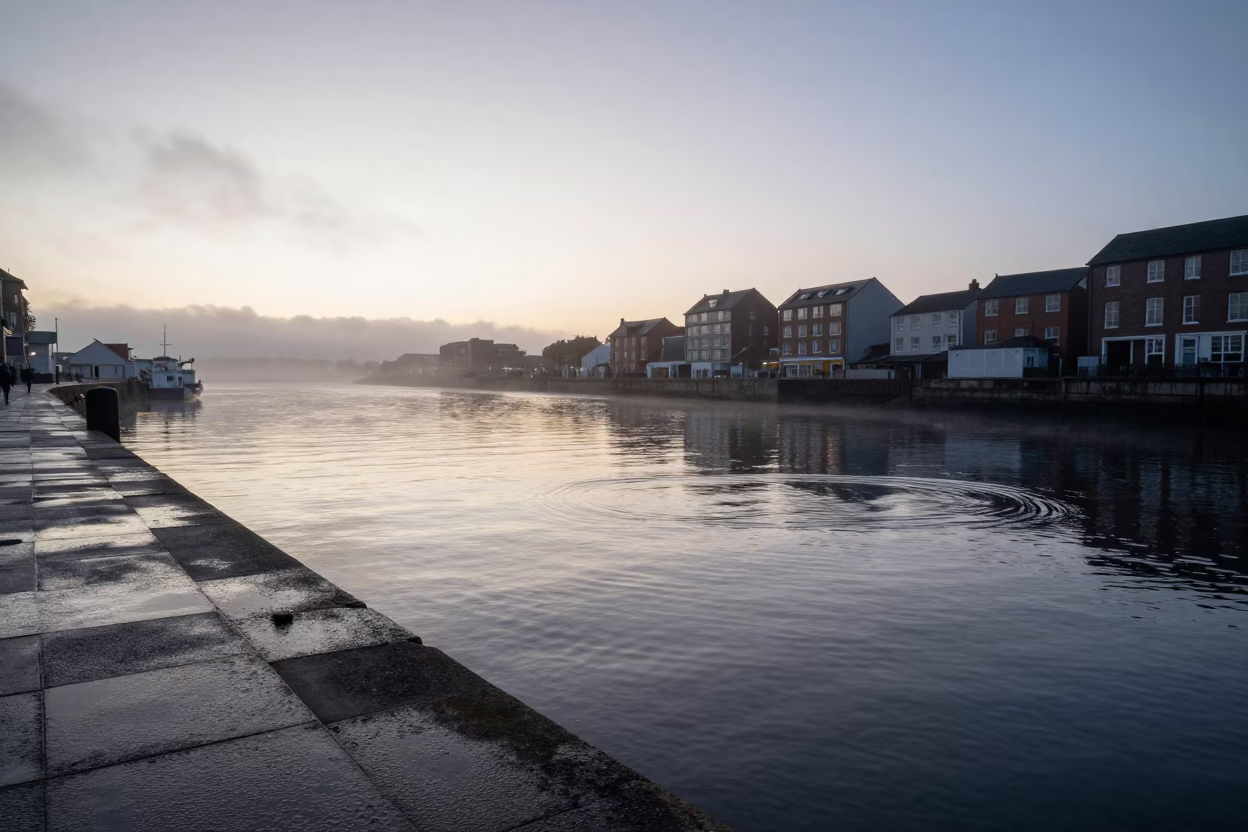 Bristol Harbour Morning Light Reflects on Water Rings and Stone Quayside in in Bristol, United Kingdom