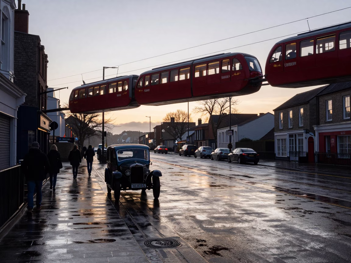 Bristol Harbour Morning Monorail and Vintage Car Reflected in Puddle in in Bristol, United Kingdom