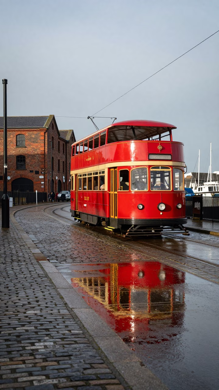 Bristol Harbour Tram Reflections on Wet Cobblestones in Late Afternoon Light in in Bristol, United Kingdom