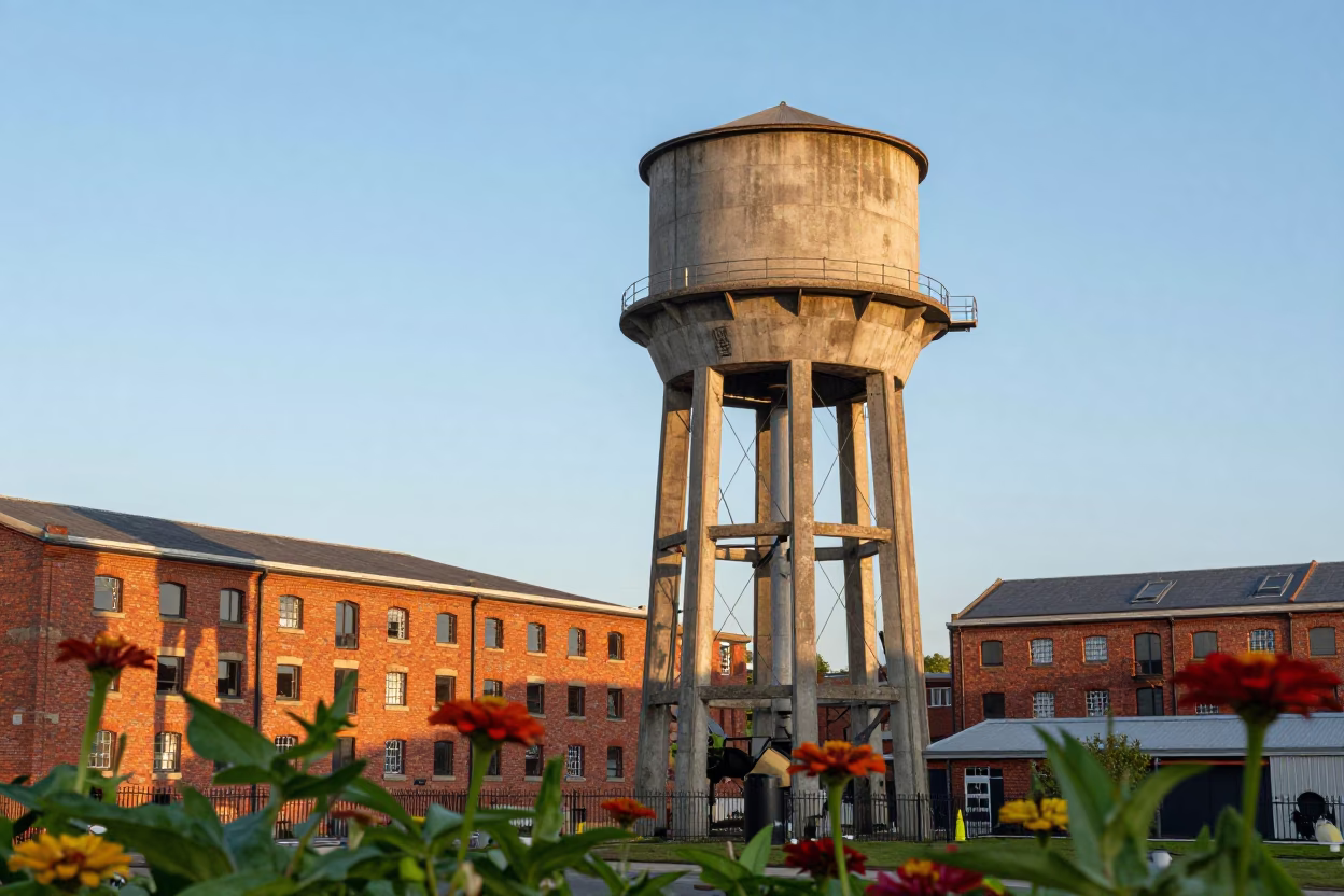 Bristol Harbour Water Tower and Zinnias in Late Afternoon Light in in Bristol, United Kingdom