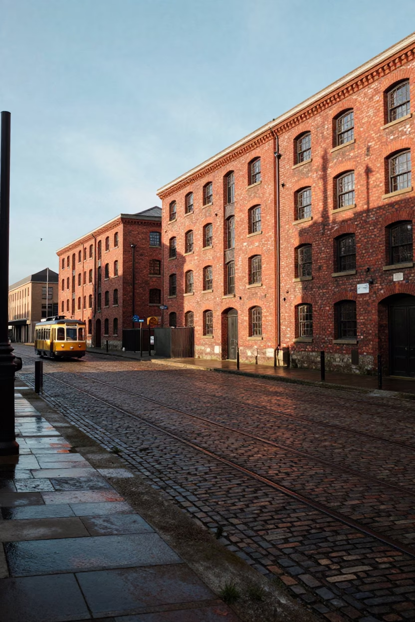 Bristol Harbourside Afternoon View of Red Brick Warehouses and Vintage Tram Tracks in in Bristol, United Kingdom