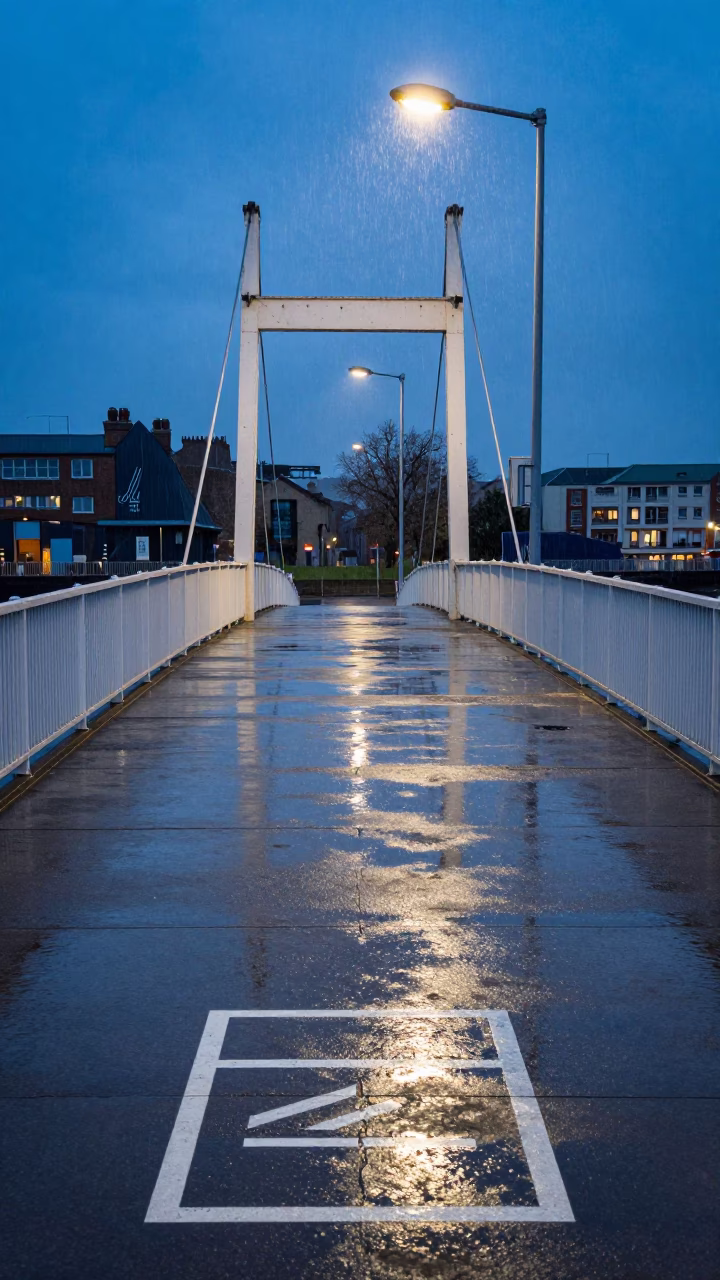 Bristol Harbourside Blue Hour Drawbridge Deck Markings Shining Under Harbor Drizzle Reflections in in Bristol, United Kingdom