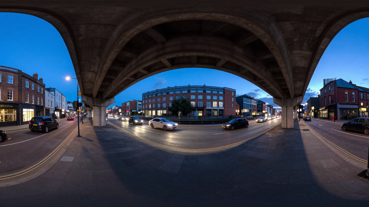Bristol Harbourside Blue Hour Street Scene with Traffic Shadows and Canal Barge in in Bristol, United Kingdom