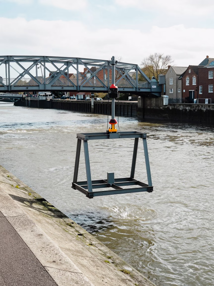 Bristol Harbourside Bridge Maintenance Cradle Over Cold River Water at Midday in in Bristol, United Kingdom