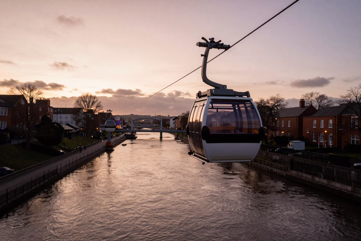 Bristol Harbourside Cable Car Crossing Over River Frome in Copper Dusk Light in in Bristol, United Kingdom