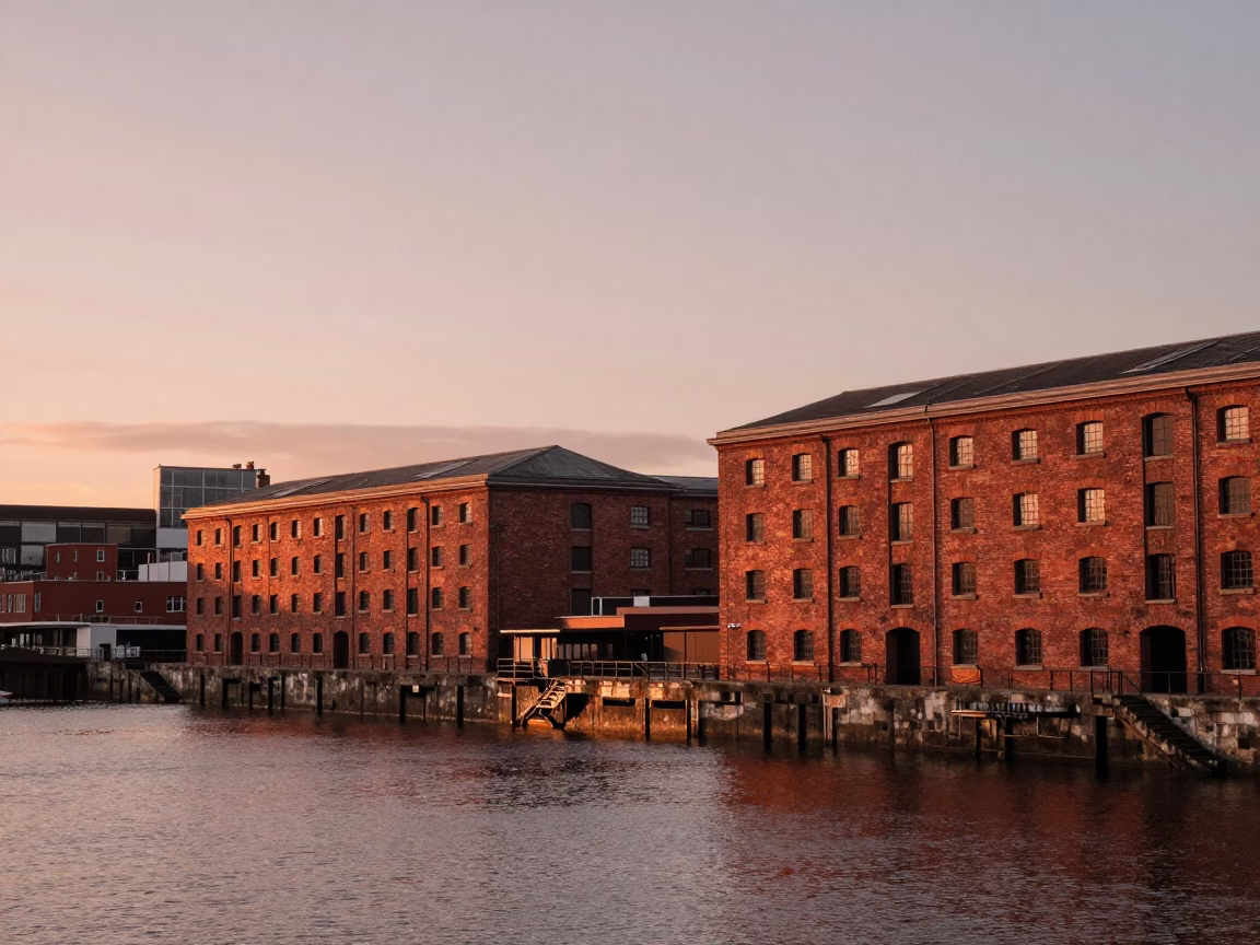 Bristol Harbourside Copper Dusk View of Red Brick Warehouses and Waterfront in in Bristol, United Kingdom