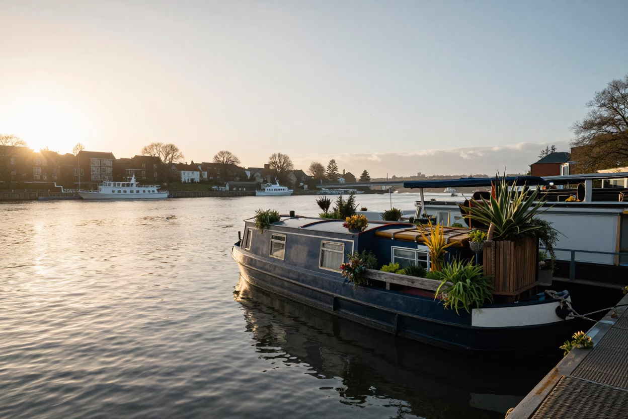Bristol Harbourside Dawn with Houseboat Garden and Wicker Shadow on Drain in in Bristol, United Kingdom