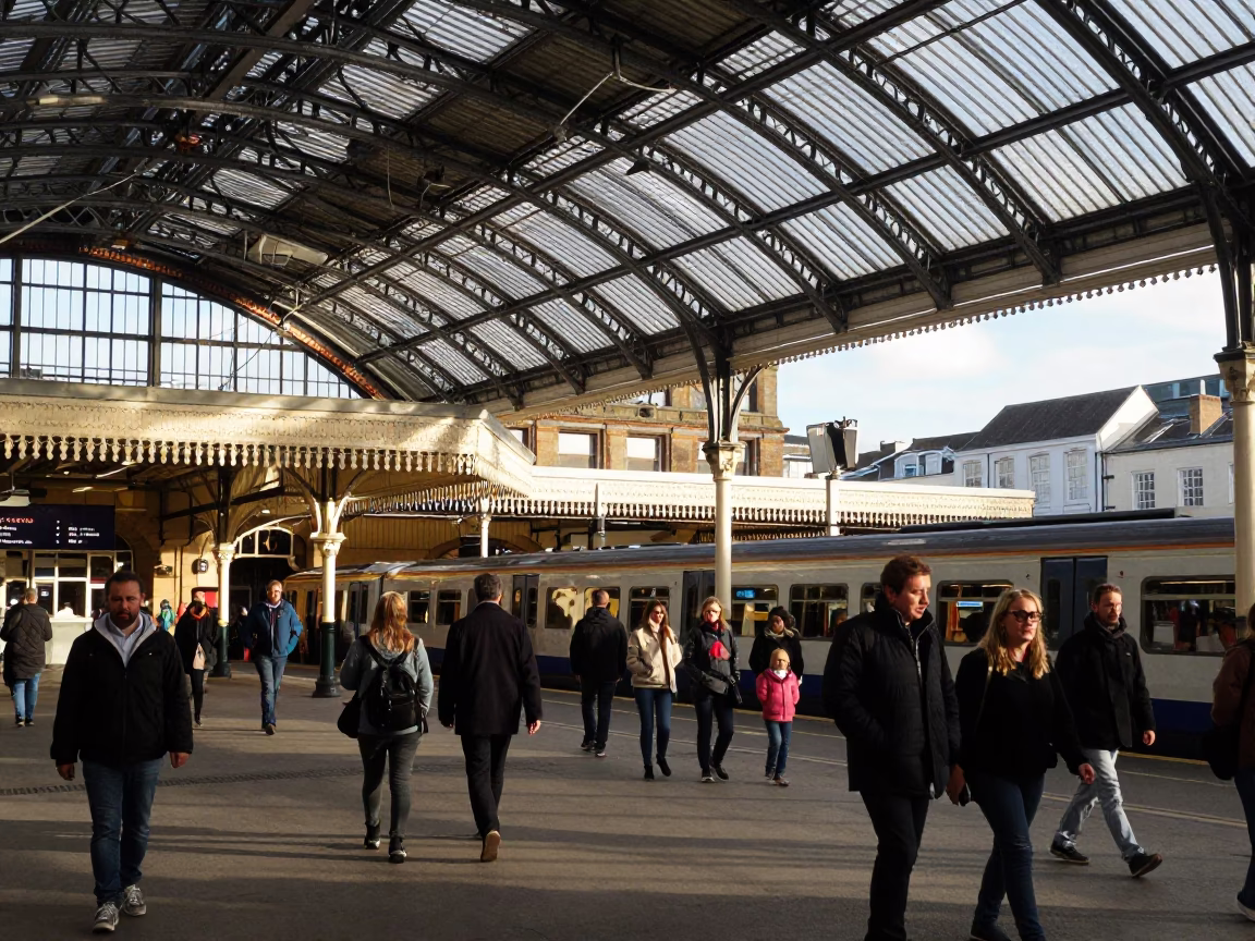 Bristol Harbourside Early Afternoon Street Scene with Train Station Clock and Iron Roof in in Bristol, United Kingdom