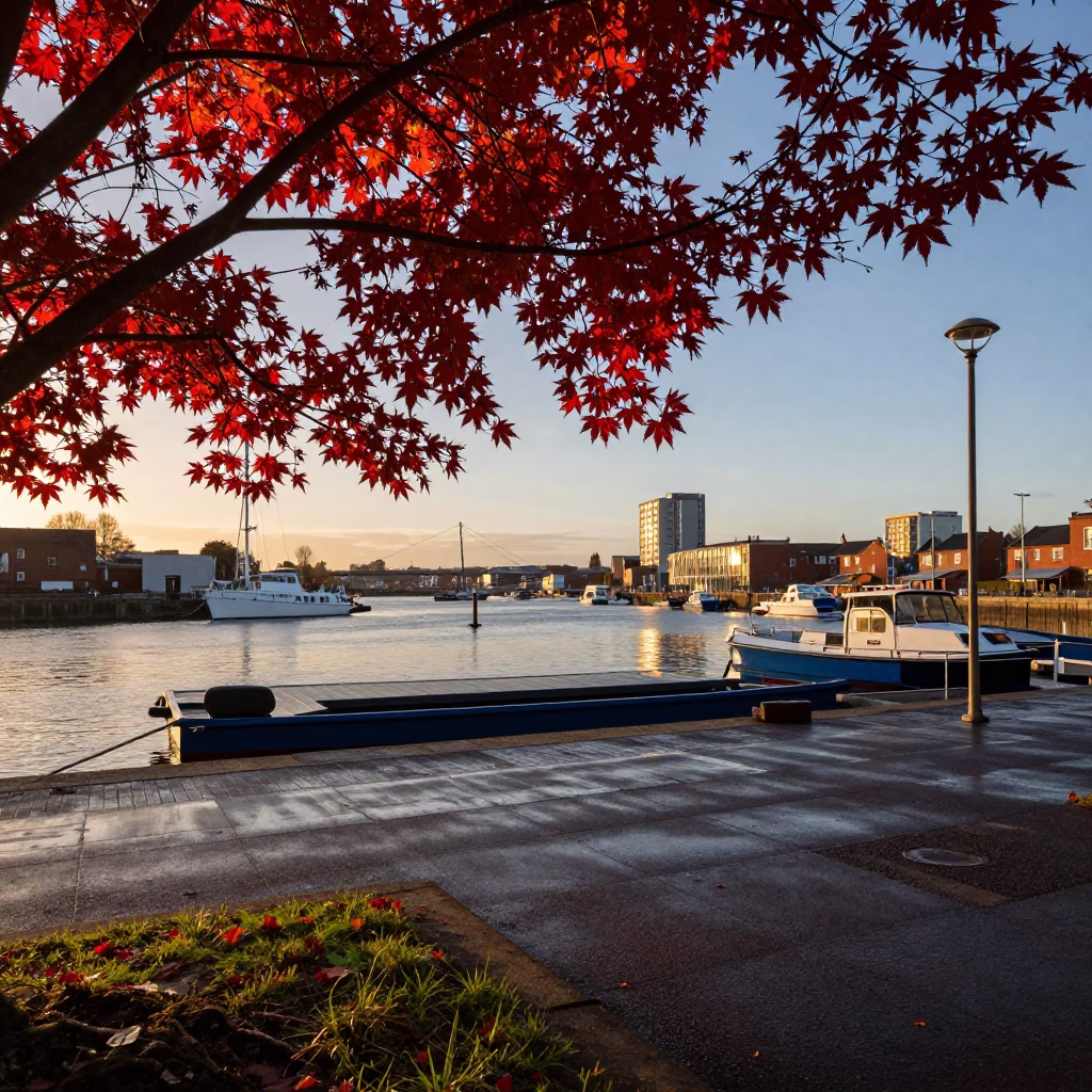Bristol Harbourside Early Evening View with Japanese Maple and Bottle in in Bristol, United Kingdom