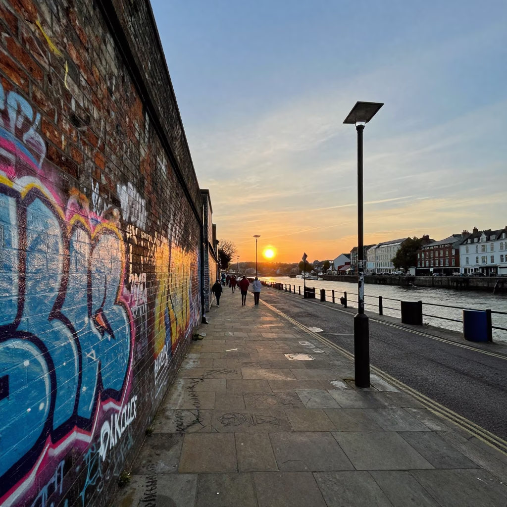 Bristol Harbourside Evening Street Scene with Colorful Graffiti and Urban Decay Details in in Bristol, United Kingdom