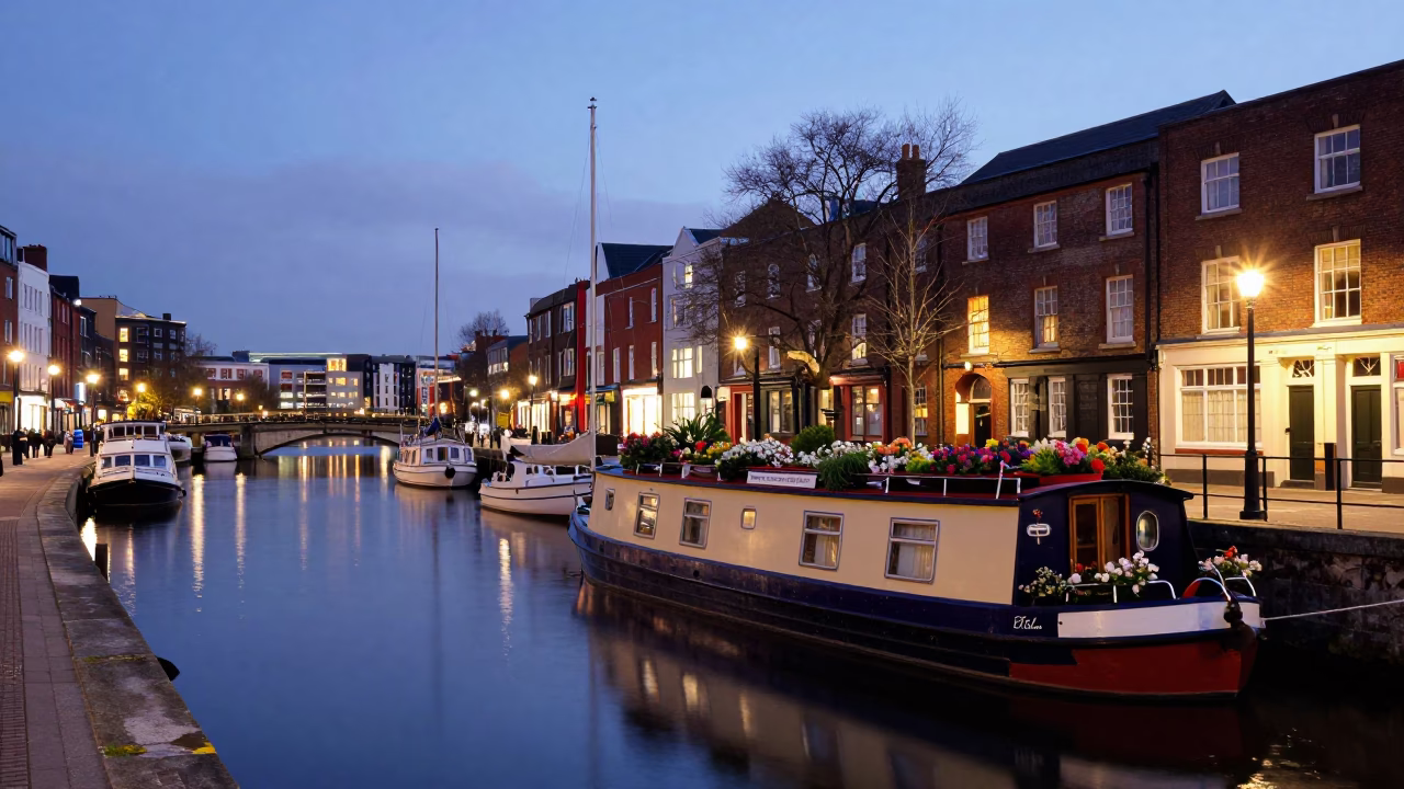 Bristol Harbourside Evening Street Scene with Houseboat Garden and City Lights in in Bristol, United Kingdom