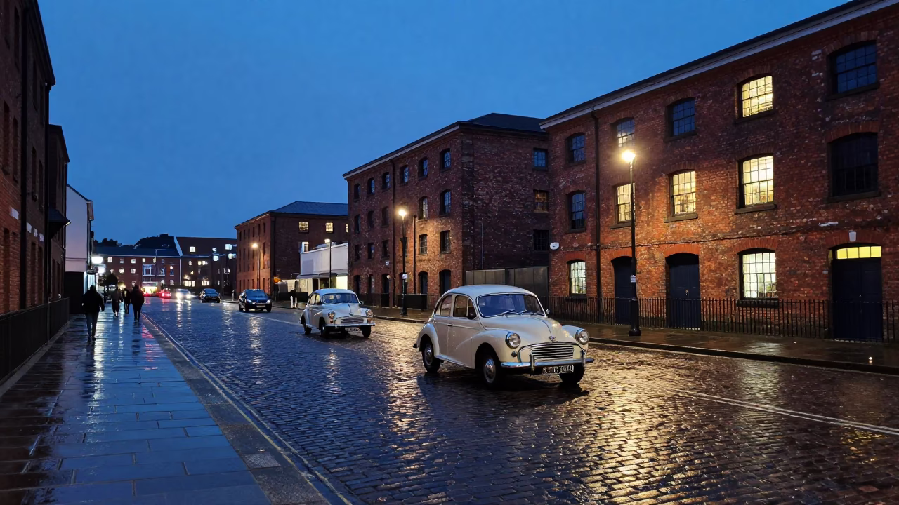 Bristol Harbourside Evening Street Scene with Vintage Cars and Brick Architecture in Indigo Twilight in in Bristol, United Kingdom