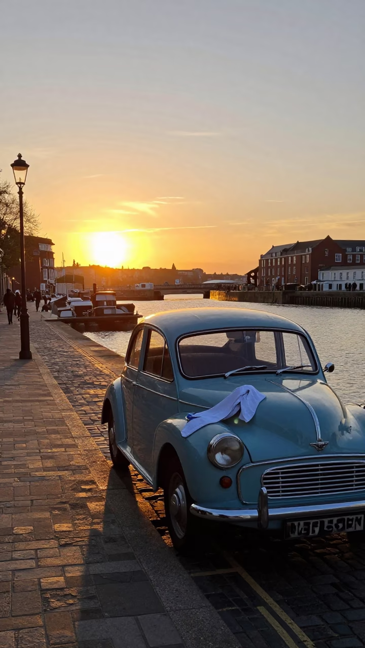 Bristol Harbourside Evening Street Scene with Vintage Cars and Tea Towels in in Bristol, United Kingdom