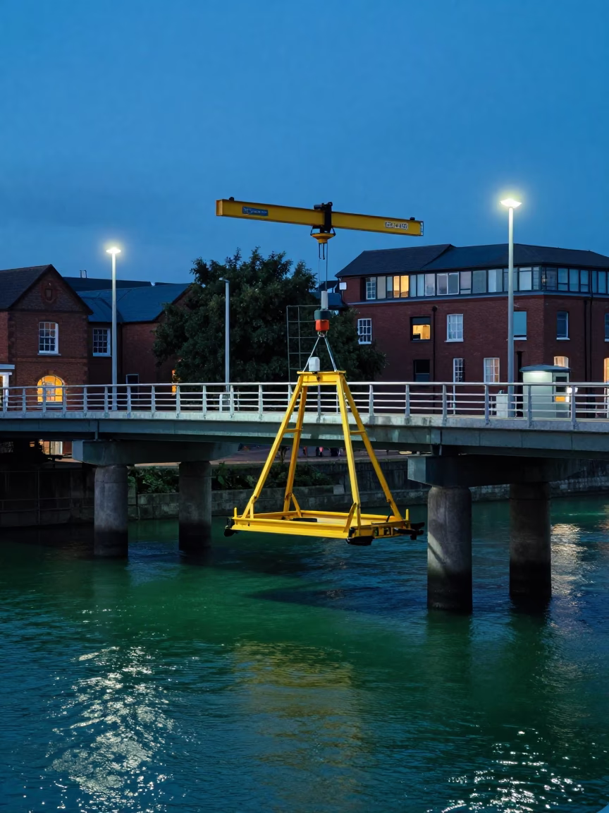Bristol Harbourside Evening with Bridge Maintenance Cradle and Green River Water in in Bristol, United Kingdom