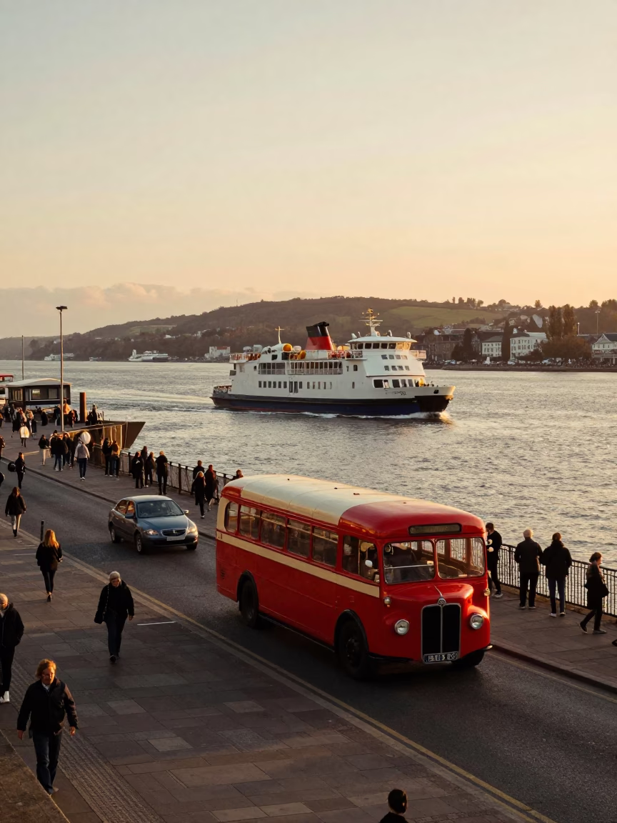 Bristol Harbourside Evening with Classic Bus and Ferry in Honeyed Light in in Bristol, United Kingdom