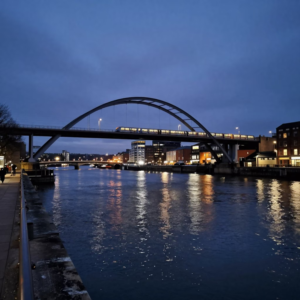 Bristol Harbourside Evening with Viaduct Arch and Water Ripples in in Bristol, United Kingdom