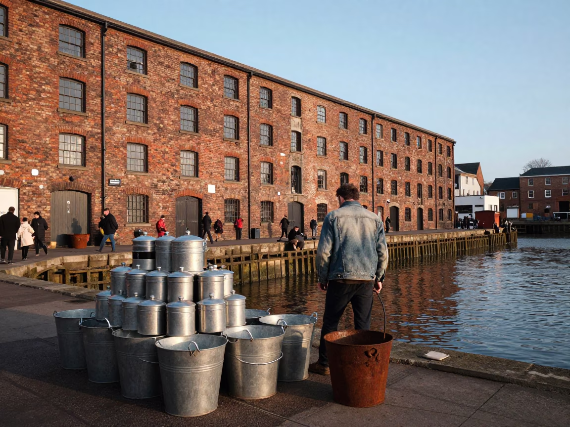 Bristol Harbourside First Light Metal Bucket and Spice Jars Candid Moment in in Bristol, United Kingdom