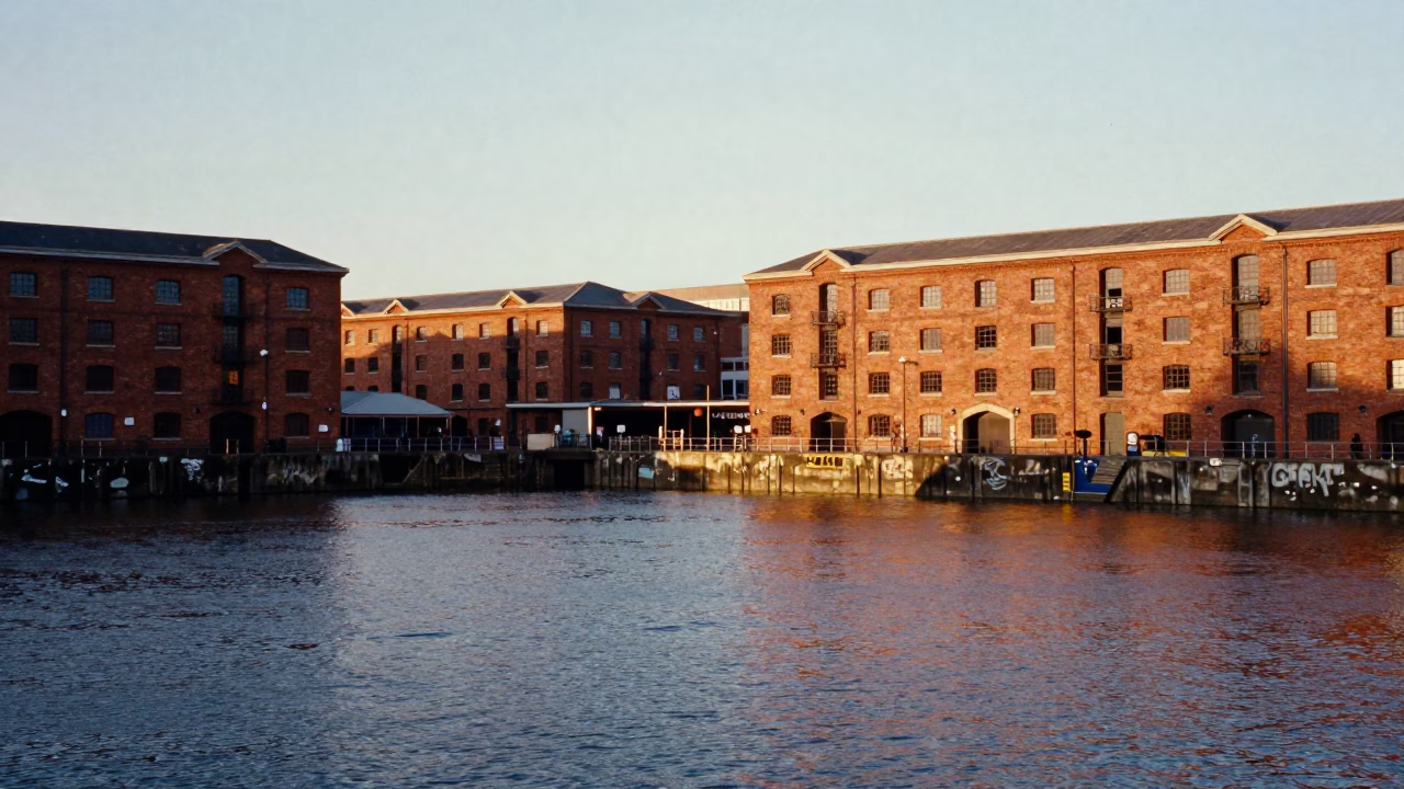 Bristol Harbourside Golden Hour View of Historic Warehouses and Tidal Water in in Bristol, United Kingdom