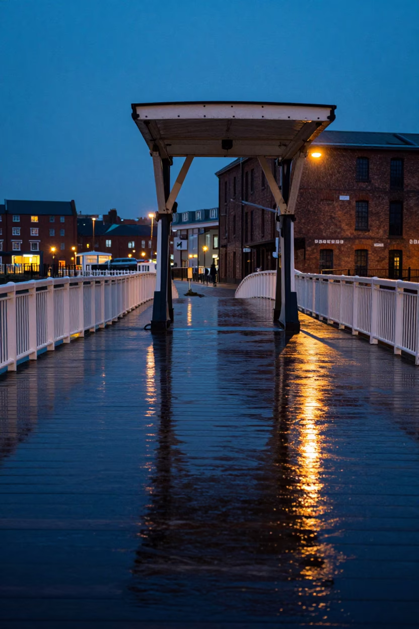 Bristol Harbourside Indigo Twilight Drawbridge Deck Rain Reflections in in Bristol, United Kingdom