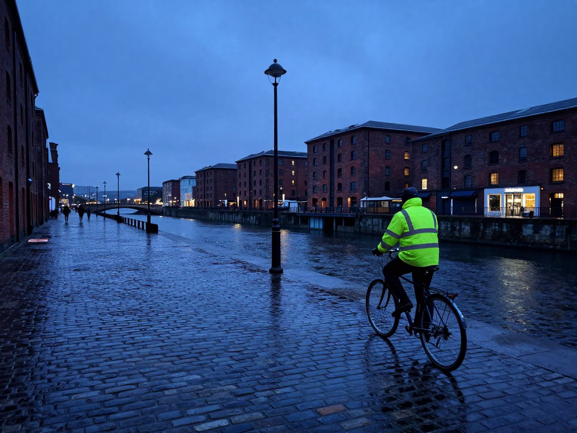 Bristol Harbourside Indigo Twilight Urban Street Photography with Wet Rail Reflections in in Bristol, United Kingdom