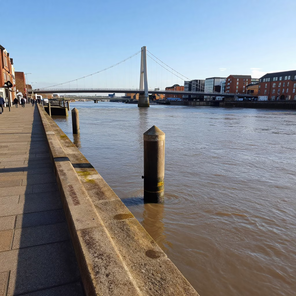 Bristol Harbourside Late Afternoon Bridge Pier and River Current in in Bristol, United Kingdom
