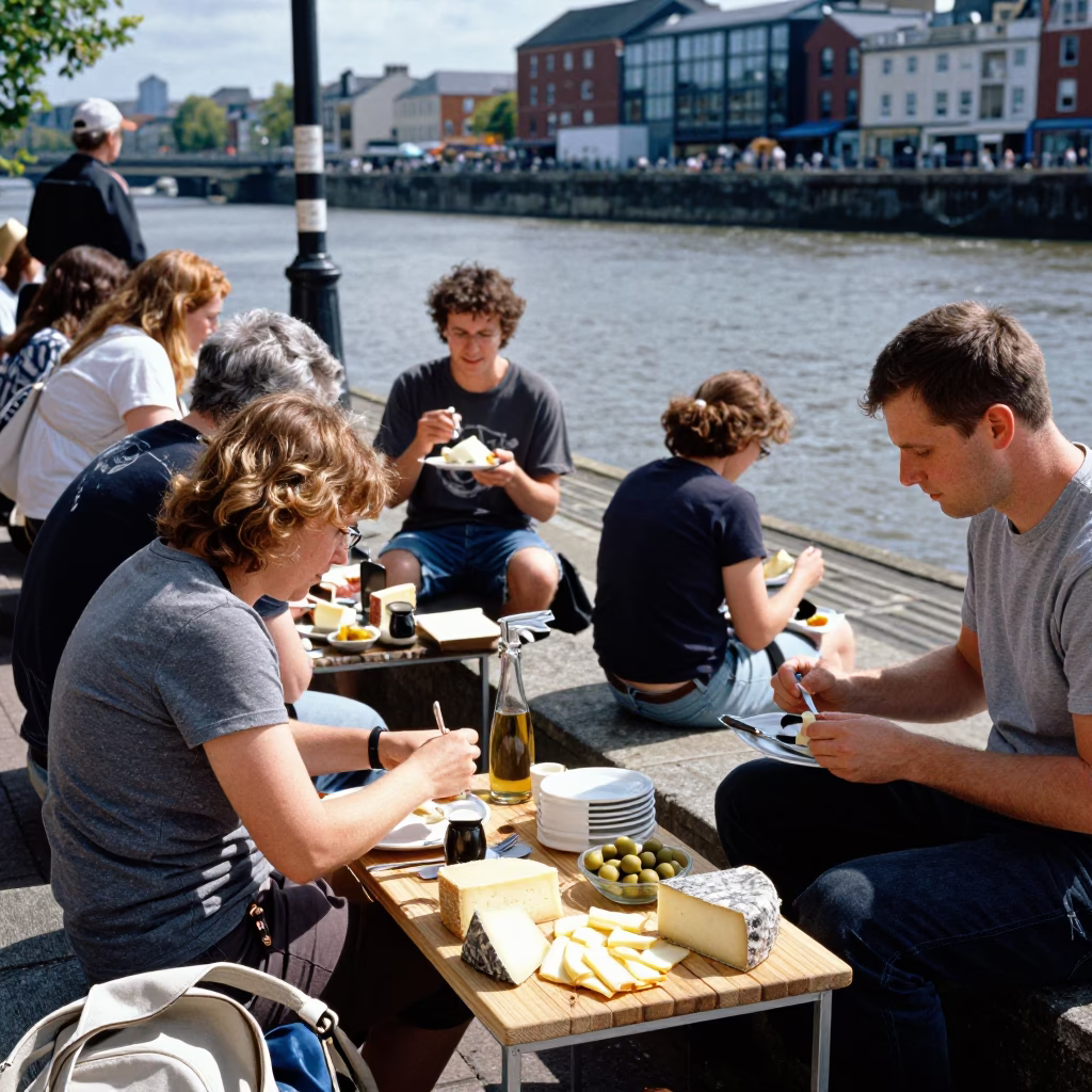 Bristol Harbourside Lunch Break with Cheese Board and Olive Branch at Noon in in Bristol, United Kingdom