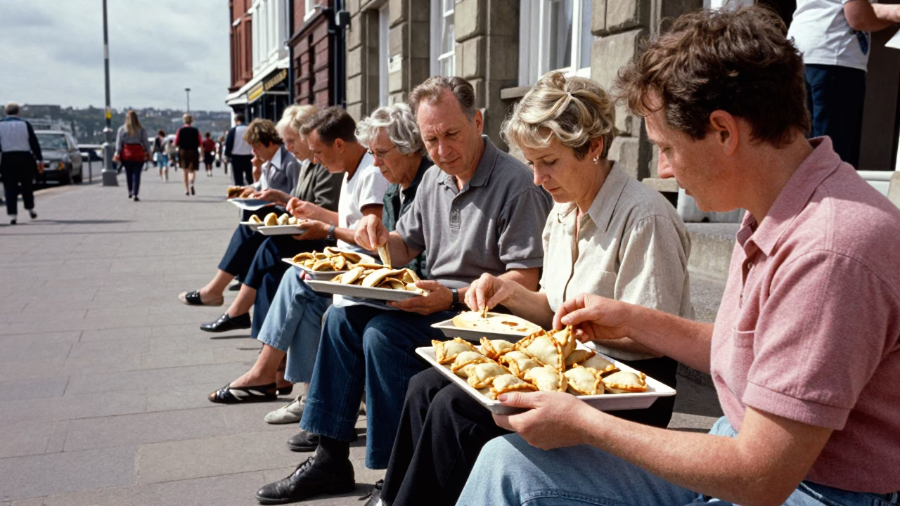 Bristol Harbourside Lunch with Cornish Pasties and Flat Noon Sunlight in in Bristol, United Kingdom