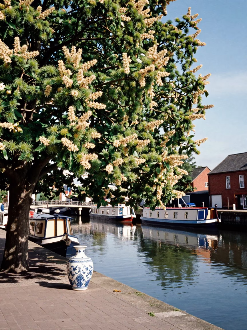 Bristol Harbourside Midday Scene with Chestnut Tree and Ceramic Mug on Stone Wall in in Bristol, United Kingdom