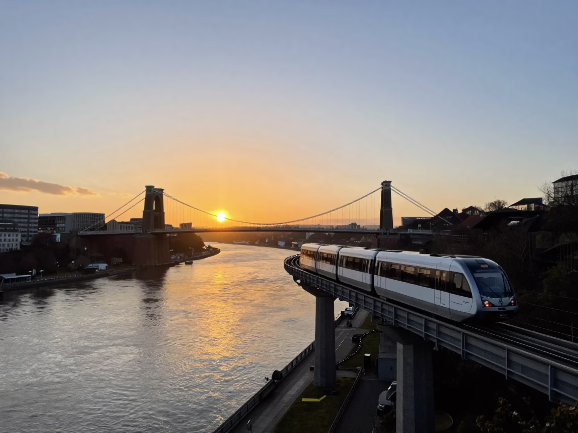 Bristol Harbourside Monorail and River at Sunset with Steel Reflections in in Bristol, United Kingdom
