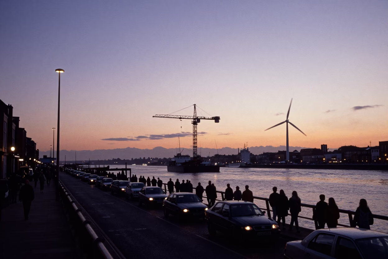 Bristol Harbourside Morning Commute with Wind Farm Crane and Toy Fox Terrier in in Bristol, United Kingdom