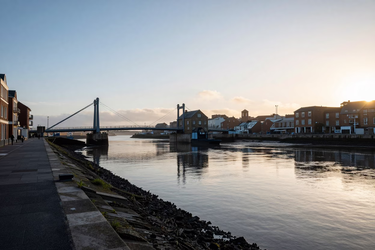 Bristol Harbourside Morning Light Reflecting on Tidal Water and Historic Drawbridge Infrastructure in in Bristol, United Kingdom