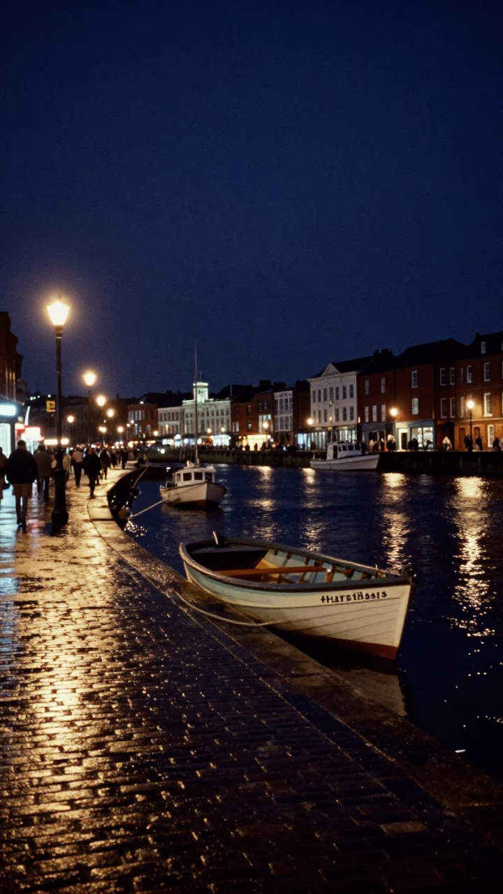 Bristol Harbourside Night Scene with Rowing Boat and American Bulldog in in Bristol, United Kingdom