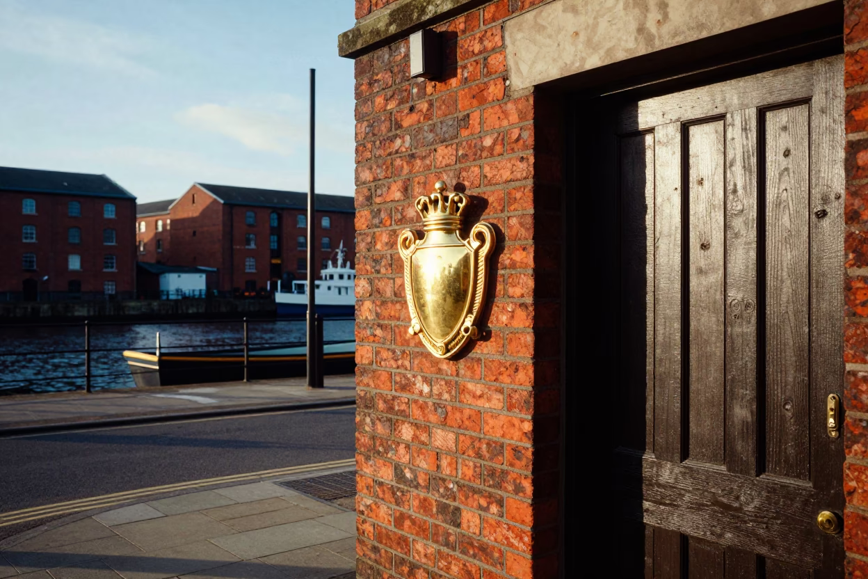 Bristol Harbourside Street Scene with Brass Escutcheon Detail and Potted Basil in in Bristol, United Kingdom