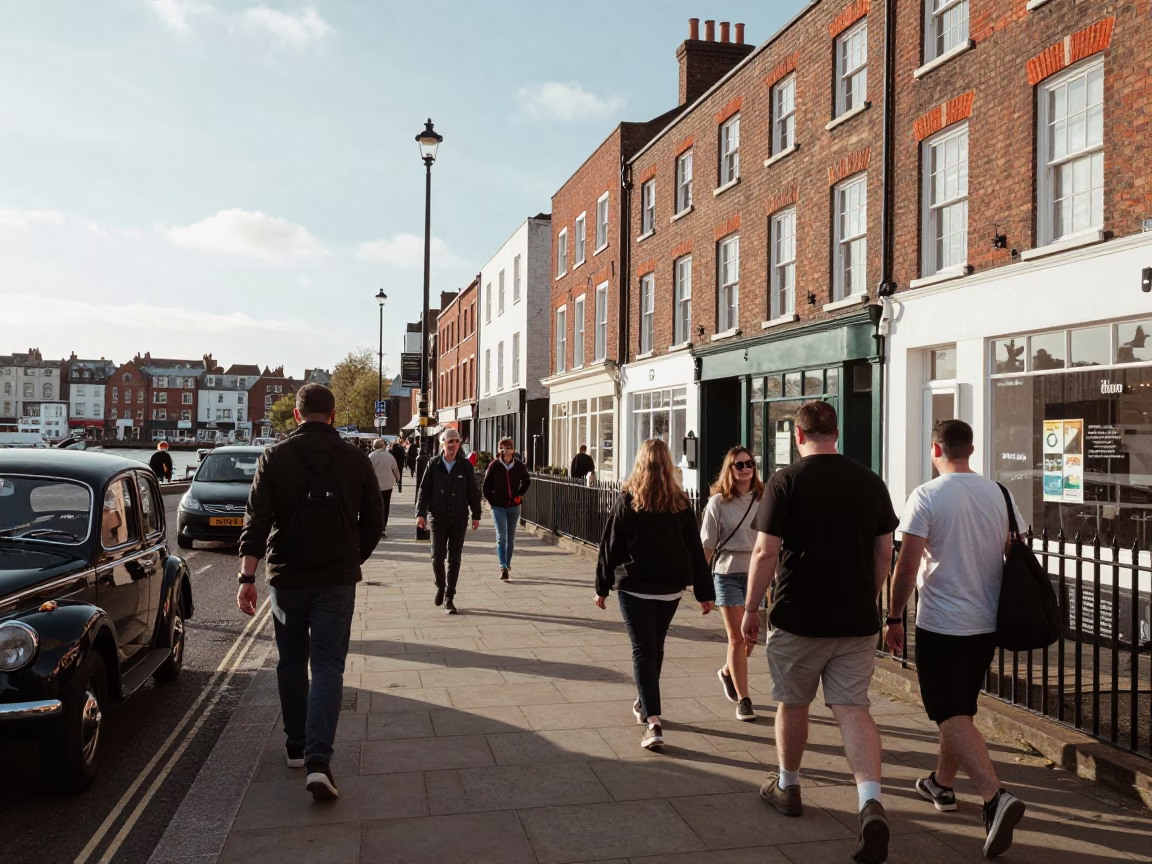 Bristol Harbourside Street Scene with Vintage Car and Pedestrians in Early Afternoon in in Bristol, United Kingdom