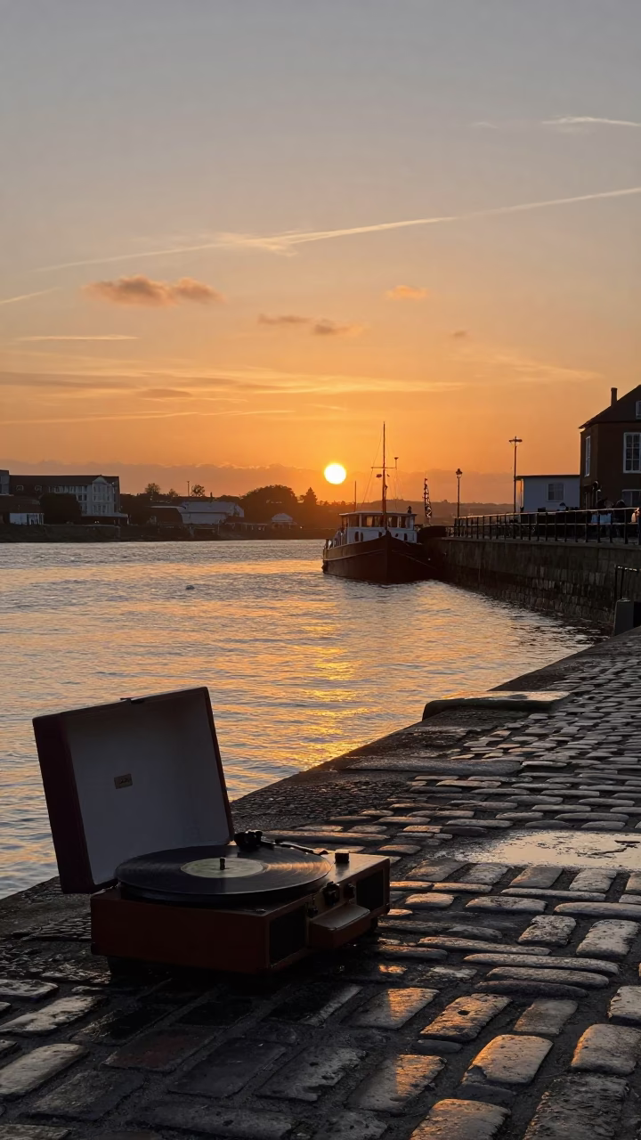 Bristol Harbourside Sunset Scene with Vintage Record Player and Folk Dance Performance in in Bristol, United Kingdom