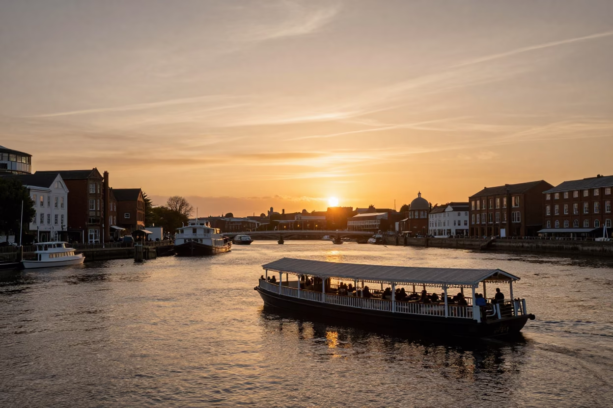 Bristol Harbourside Sunset View of Floating Restaurant and Historic Cranes in in Bristol, United Kingdom