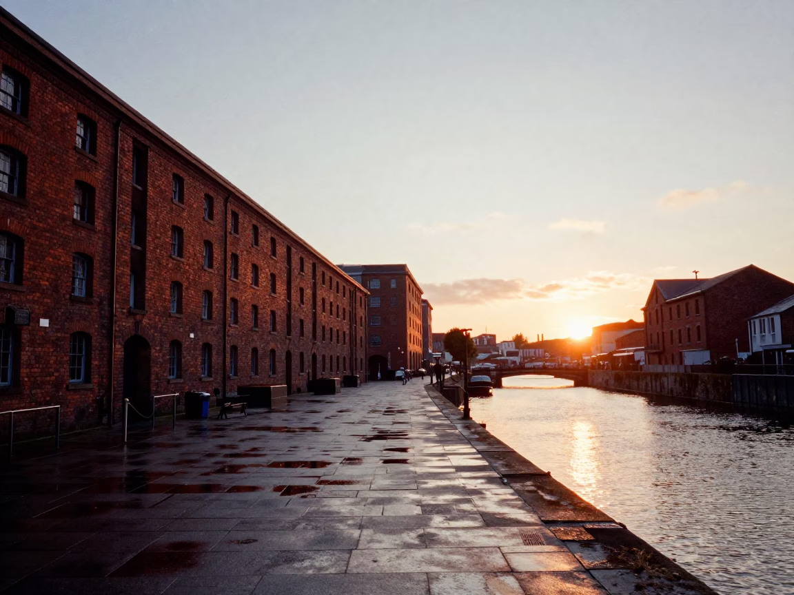 Bristol Harbourside Sunset View with Red Brick Warehouses and Water Reflections in in Bristol, United Kingdom