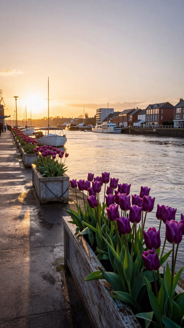 Bristol Harbourside Sunset with Colorful Tulips and Fishing Floats in in Bristol, United Kingdom