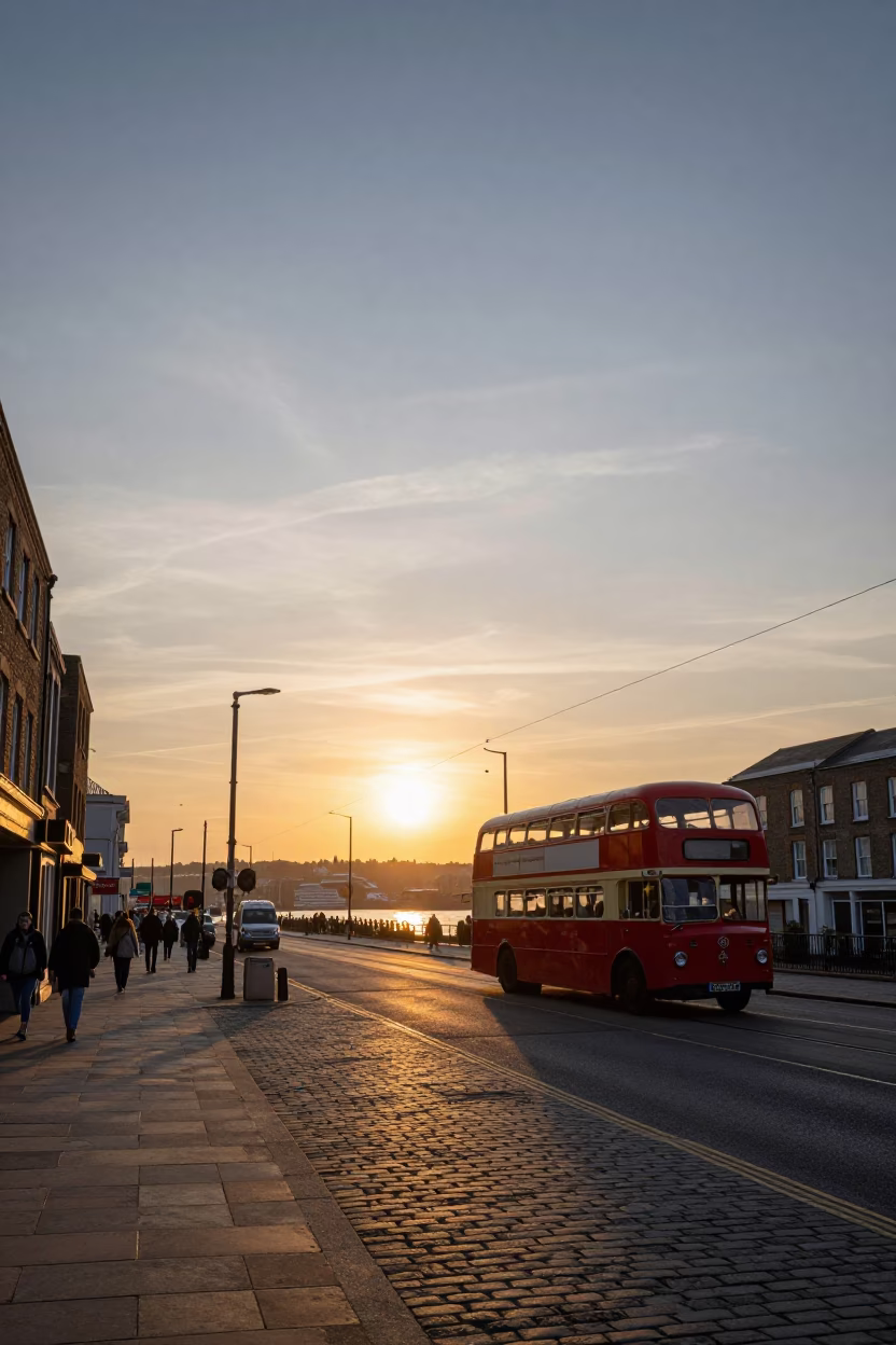 Bristol Harbourside Sunset with Monorail and Vintage Street Life in in Bristol, United Kingdom
