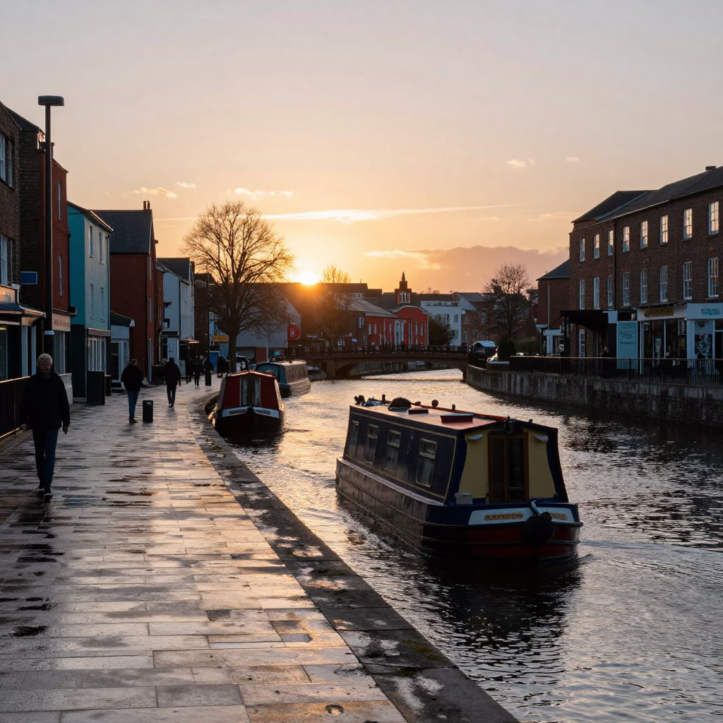 Bristol Harbourside Sunset with Narrowboat and Colorful Urban Street Life in in Bristol, United Kingdom
