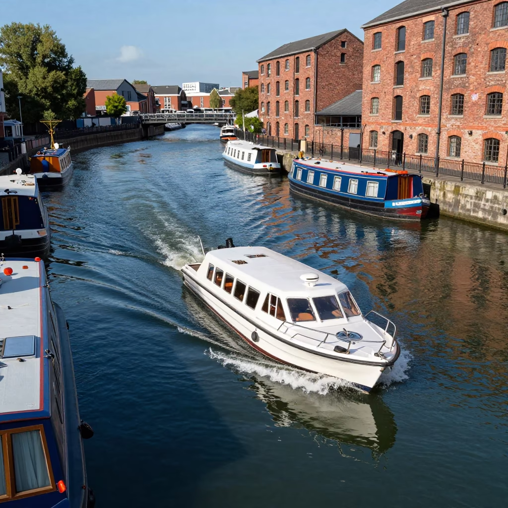 Bristol Harbourside Water Taxi Zigzagging Between Canal Houseboats in Bright Midmorning Light in in Bristol, United Kingdom