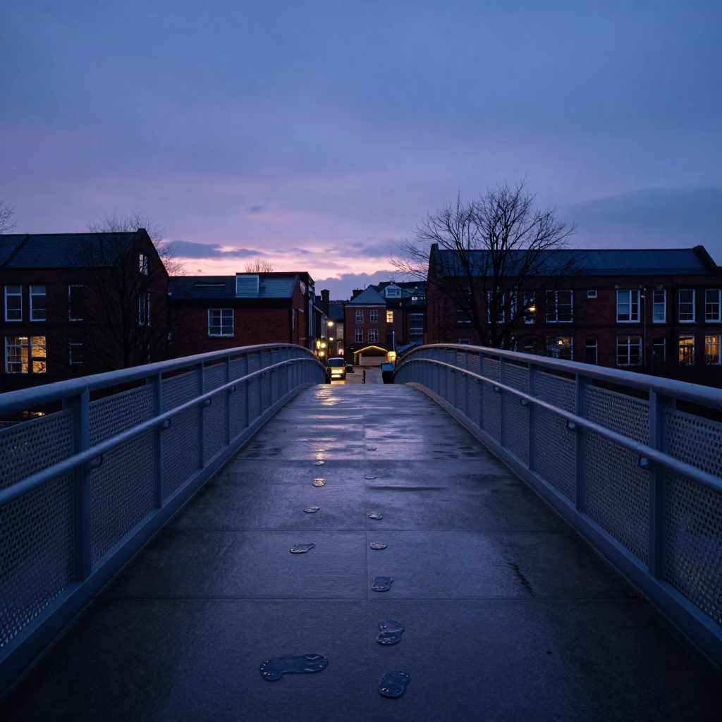 Bristol Indigo Twilight Pedestrian Overpass Wet Footsteps Perforated Metal Urban Fashion Scene in in Bristol, United Kingdom