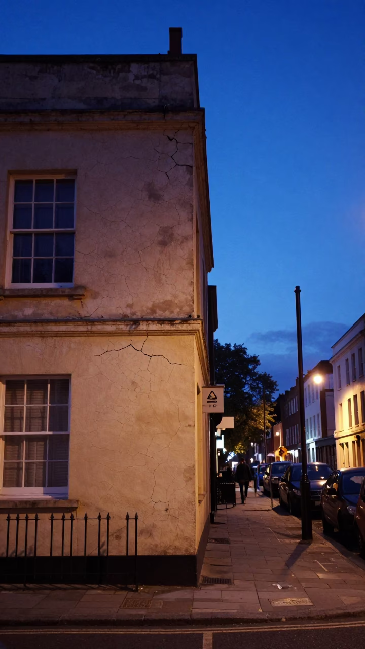 Bristol indigo twilight street scene with cracked stucco and paint flecks in in Bristol, United Kingdom
