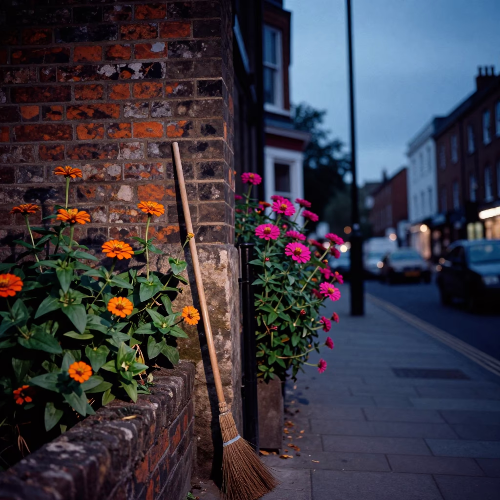 Bristol indigo twilight street scene with orange zinnias and broom near cliffside in in Bristol, United Kingdom