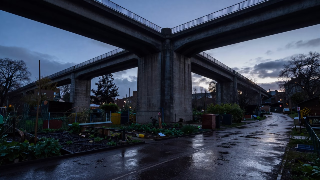 Bristol indigo twilight viaduct shadow across rain wet allotment gardens with stacked pottery in in Bristol, United Kingdom